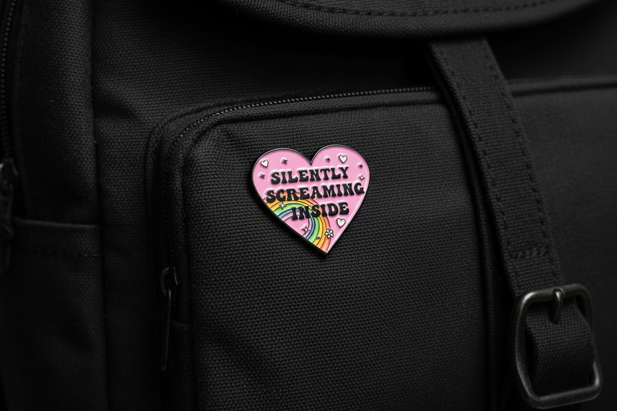 Heart-shaped pink enamel pin with rainbow and text on a black bookbag background