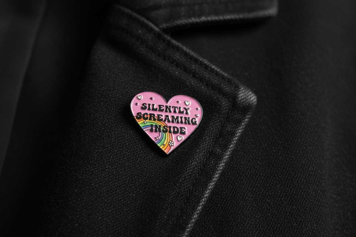 Heart-shaped pink enamel pin with rainbow and text on a black jacket lapel background
