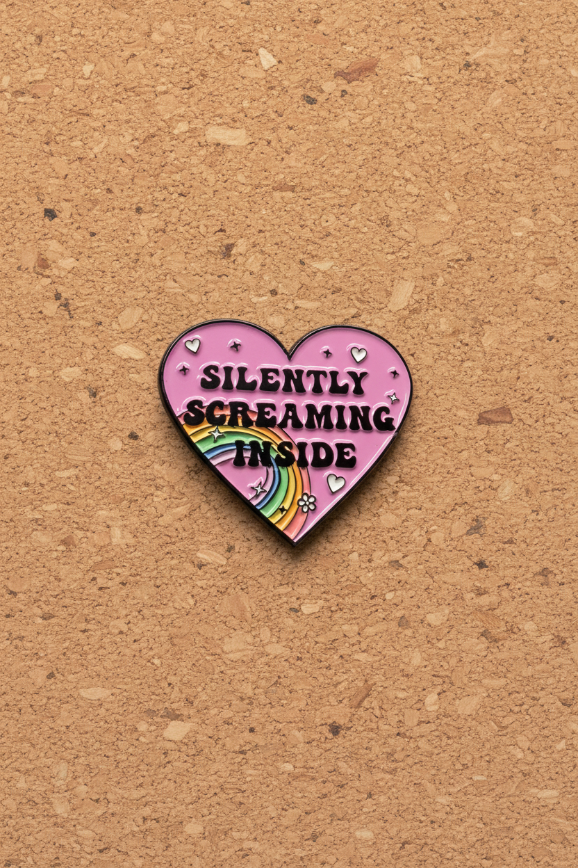 Heart-shaped pink enamel pin with rainbow and text on a cork background