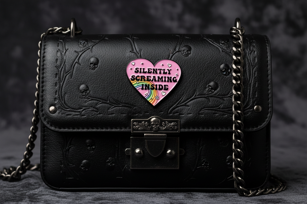 Heart-shaped pink enamel pin with rainbow and text on a black purse background