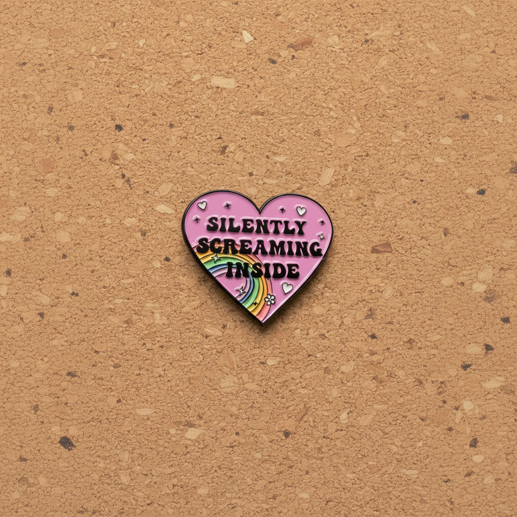 Silently Screaming Inside enamel Pin displayed on cork board funny enamel pin for collectors and display