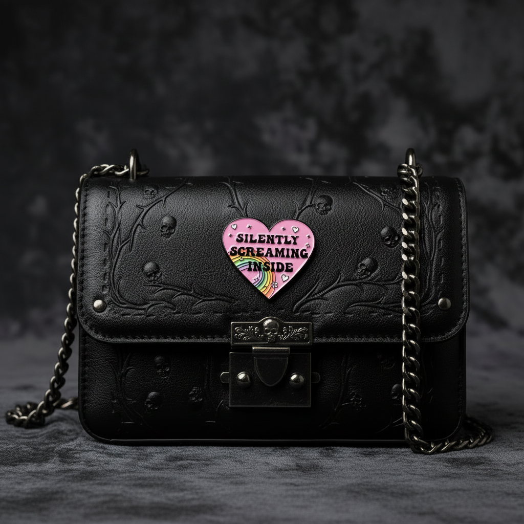 Silently Screaming Inside enamel Pin attached to purse pink brooch accessory for bags and personal style