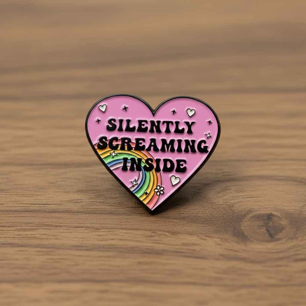 Silently Screaming Inside enamel Pin on wood background introvert enamel pin with heart detail