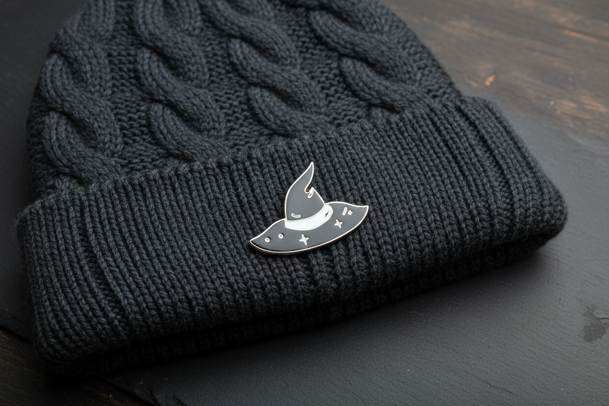 silver witch hat enamel pin worn on beanie hat goth enamel pin for casual outfits and street wear