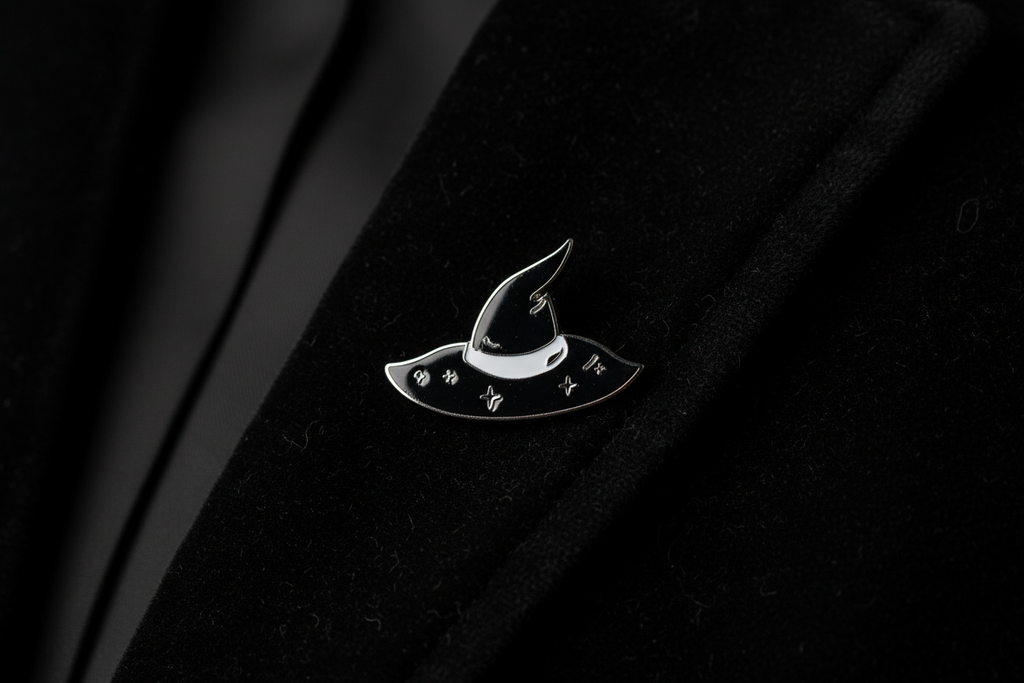 silver and black witch hat enamel pin worn on jacket lapel, goth pin witchy style for everyday wear