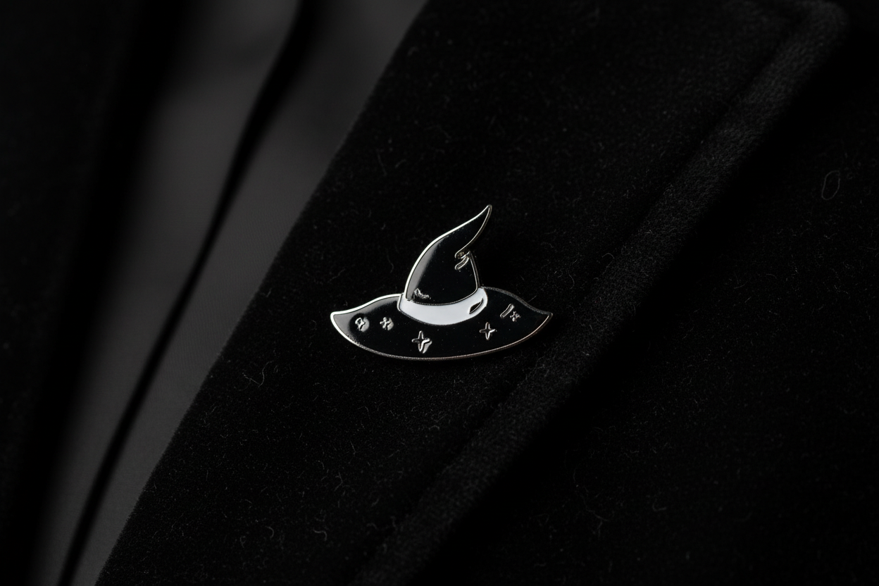 silver and black witch hat enamel pin worn on jacket lapel, goth pin witchy style for everyday wear