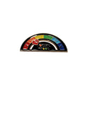 Colorful half-circle badge on a white background
