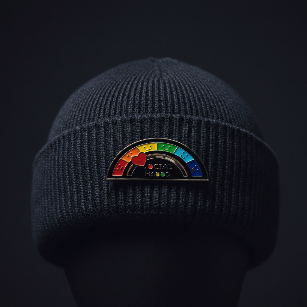 Social Mood enamel pin worn on beanie hat sassy enamel pin for casual outfits and street wear