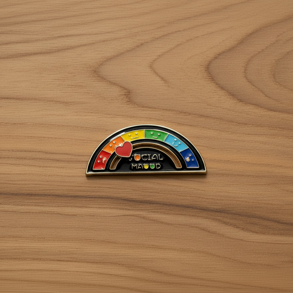 Social Mood enamel pin on wood background funny enamel pin with colorful rainbow detail