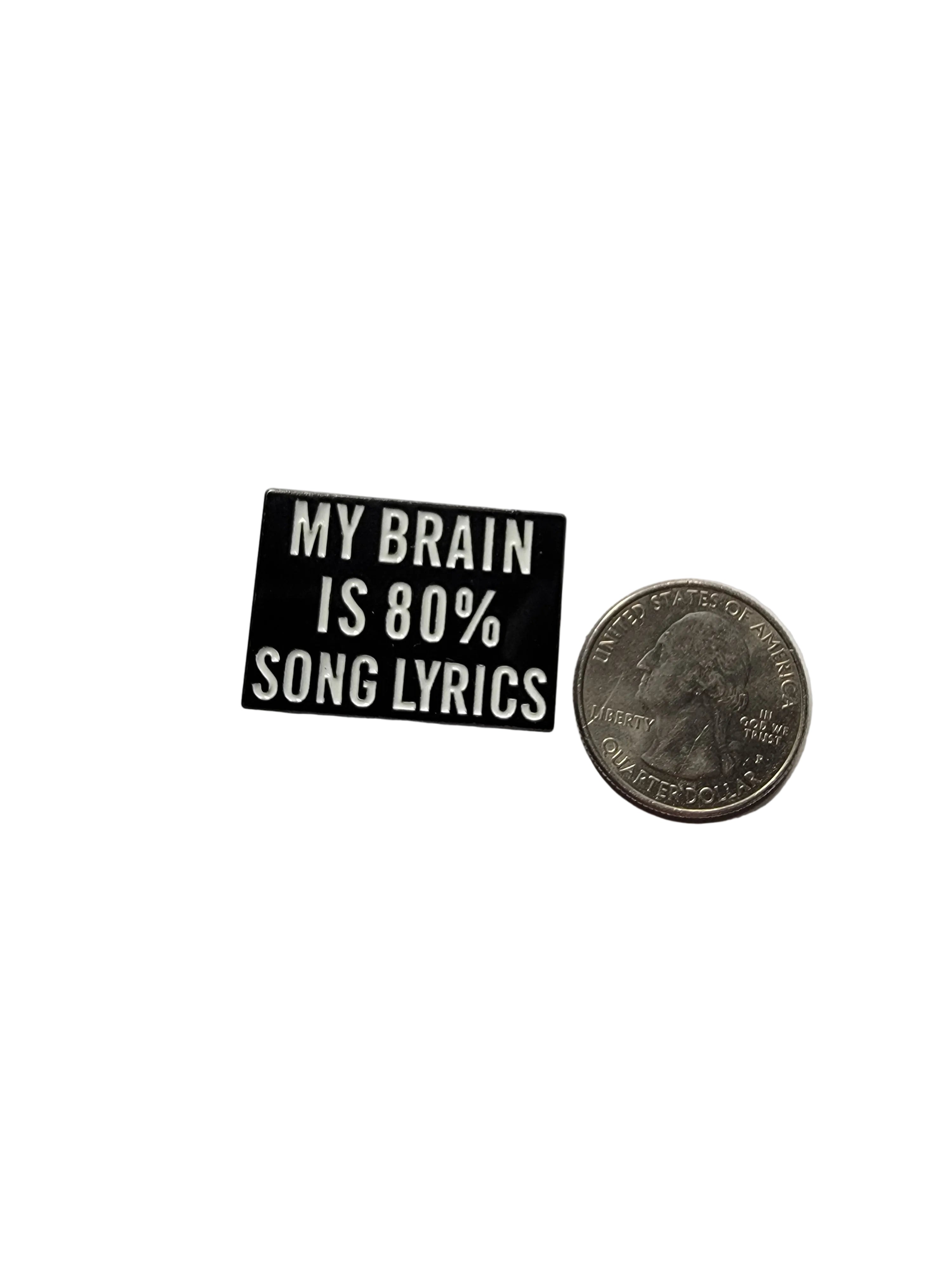 Small black box with text 'My brain is 80% song lyrics' next to a coin on a gray background