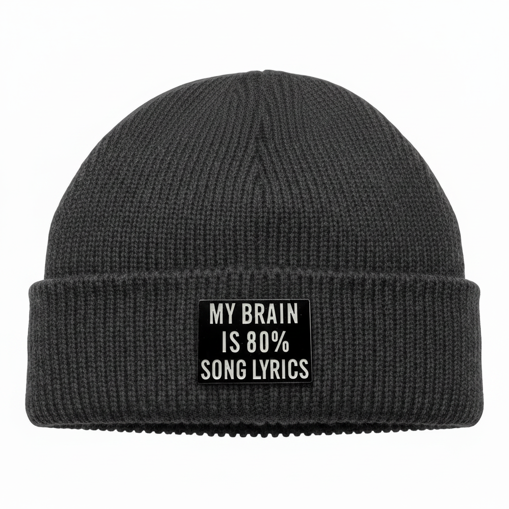 My brain is 80% song lyrics enamel pin worn on beanie hat alternative enamel pin for casual outfits and street wear