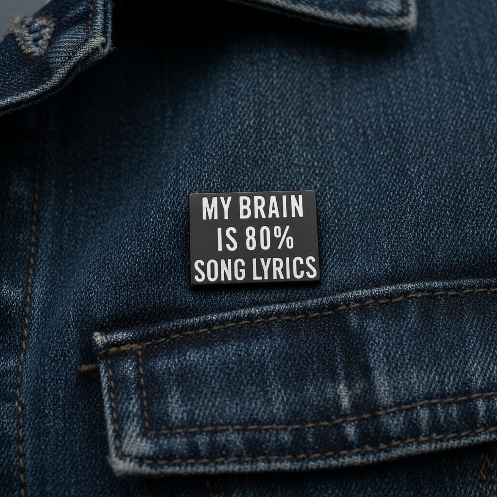 My brain is 80% song lyrics enamel pin worn on jacket lapel, funny pin style for everyday wear