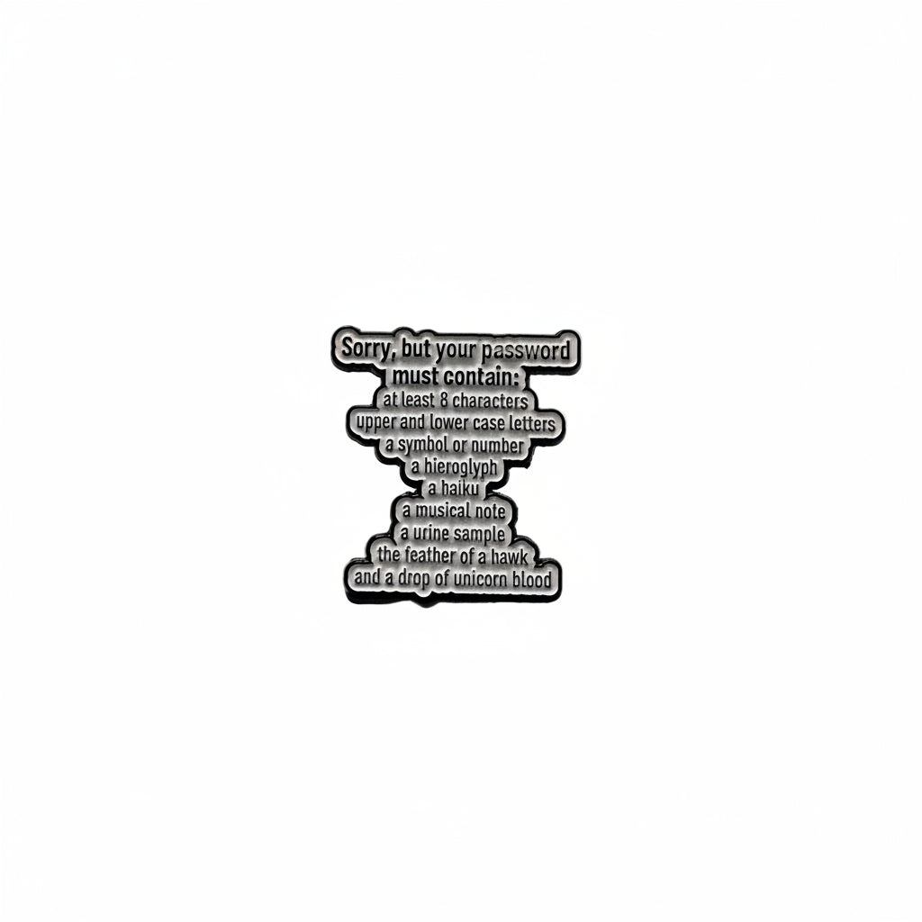 Sorry but your password enamel pin, featuring black and white text design, funny gift for jackets and bags