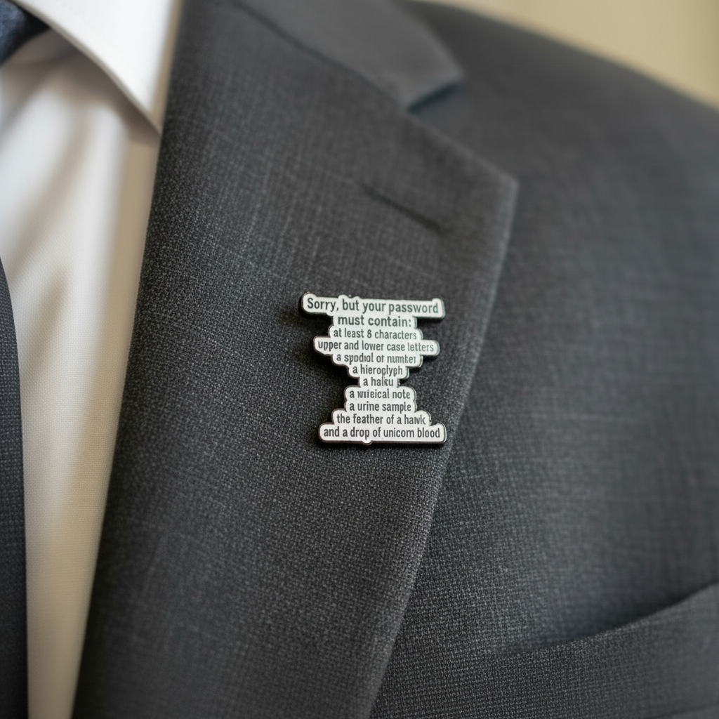 Sorry but your passwrod must contain worn on jacket lapel, office humor pin style for everyday wear