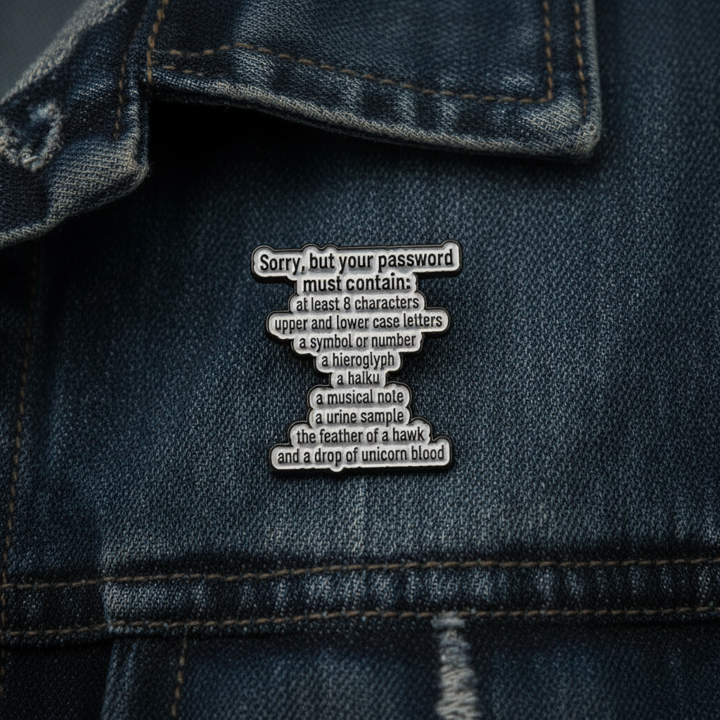 sorry your password enamel pin  worn on denim jacket lapel, sarcastic pin style for everyday wear