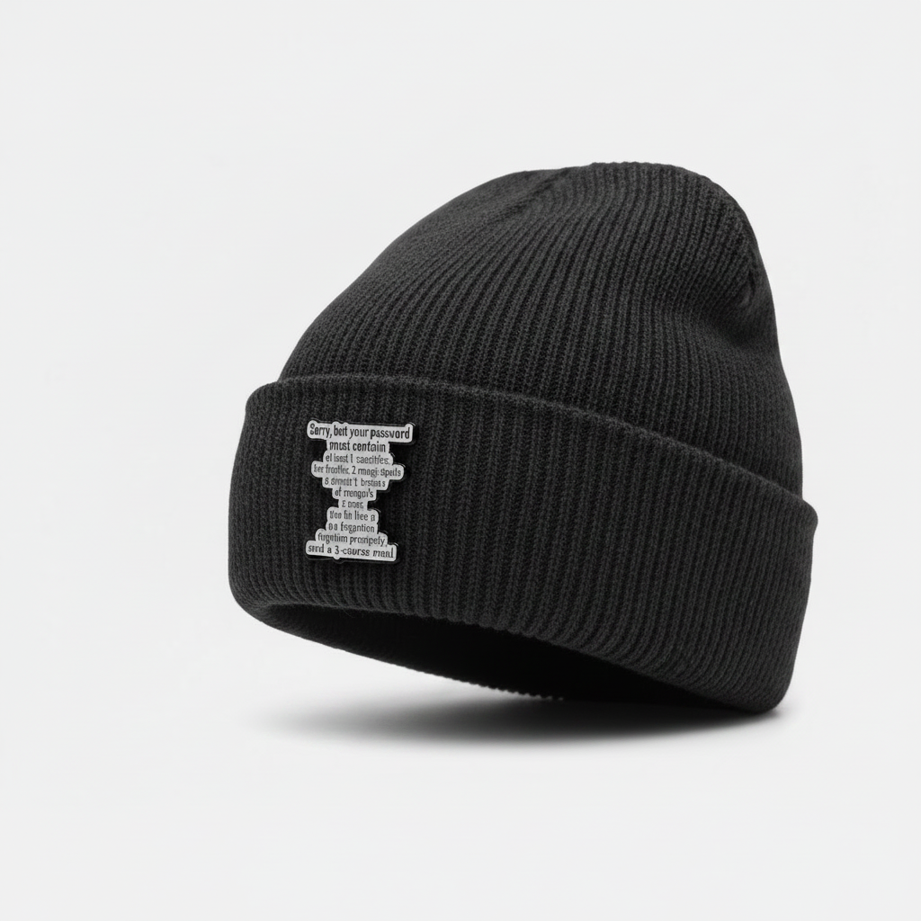 sorry your password enamel pin worn on beanie hat alternative enamel pin for casual outfits and street wear