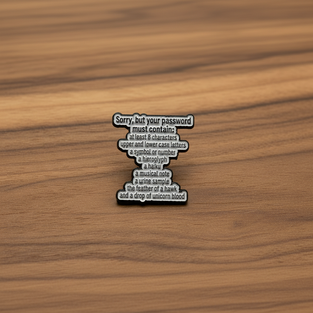 sorry your password enamel pin on wood background funny work enamel pin with text detail