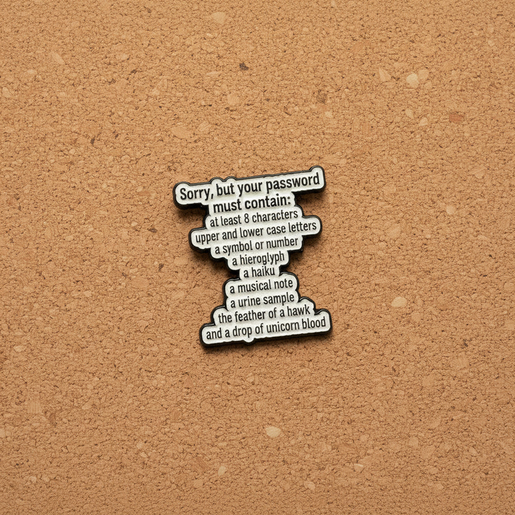 sorry your password enamel pin displayed on cork board funny work enamel pin for collectors and display