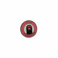 a circular enamel pin with a cat paw and text 