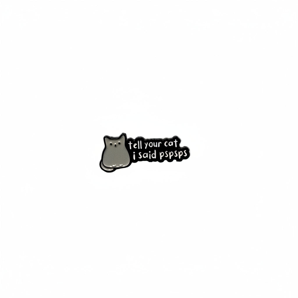a black enamel pin with white text and a cat on a white background