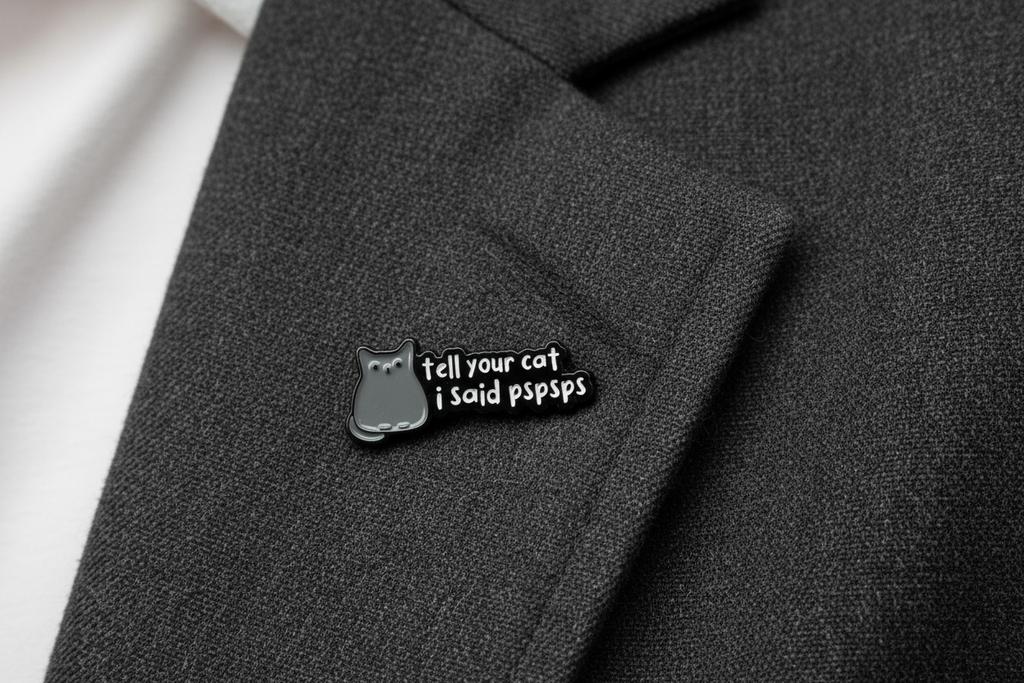 a black enamel pin with white text and a cat on a gray lapel background