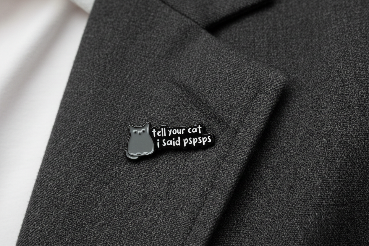 a black enamel pin with white text and a cat on a gray lapel background