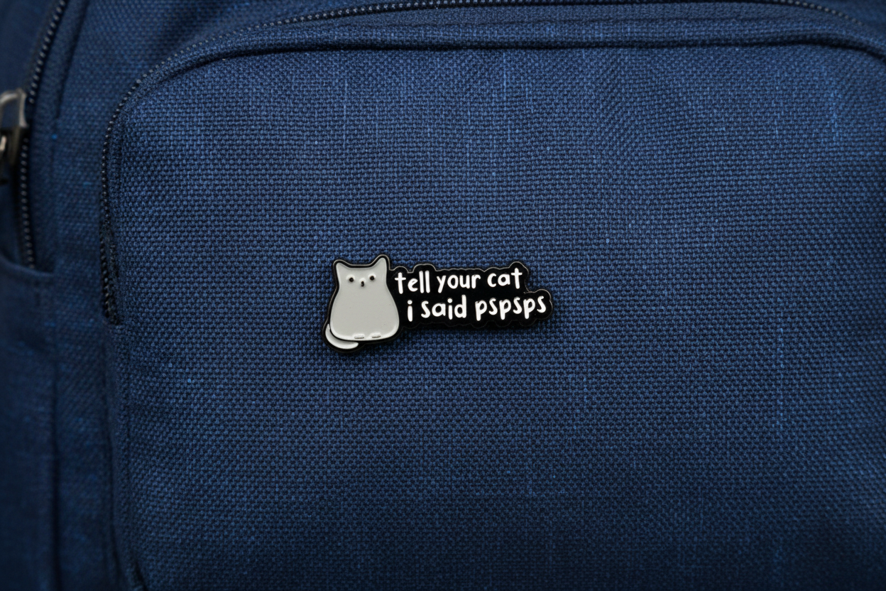 a black enamel pin with white text and a cat on a navy bookbag background