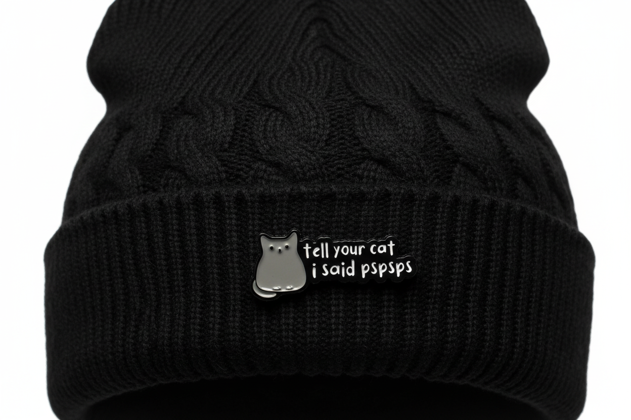 a black enamel pin with white text and a cat on a black beanie background