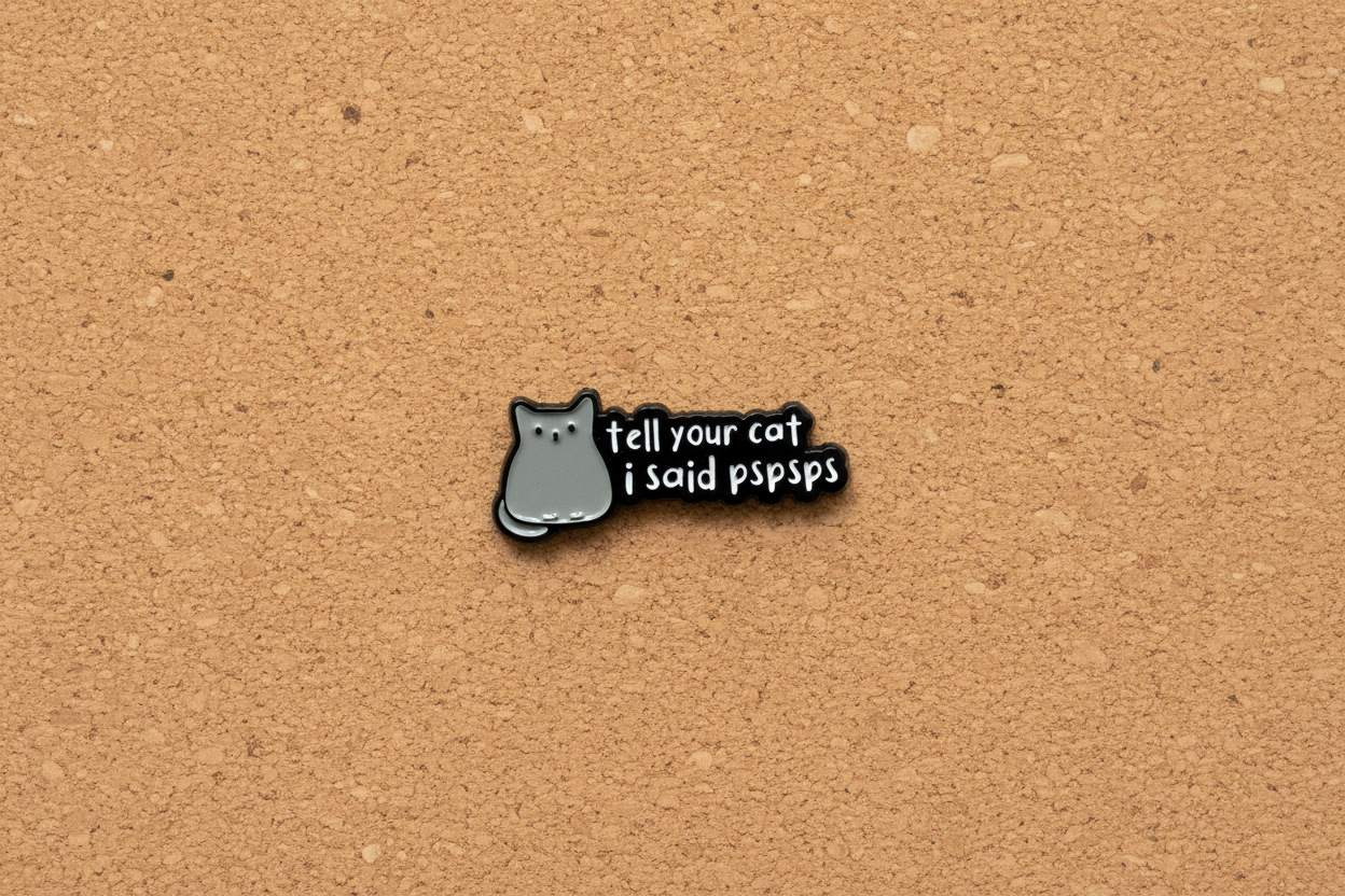 a black enamel pin with white text and a cat on a cork background