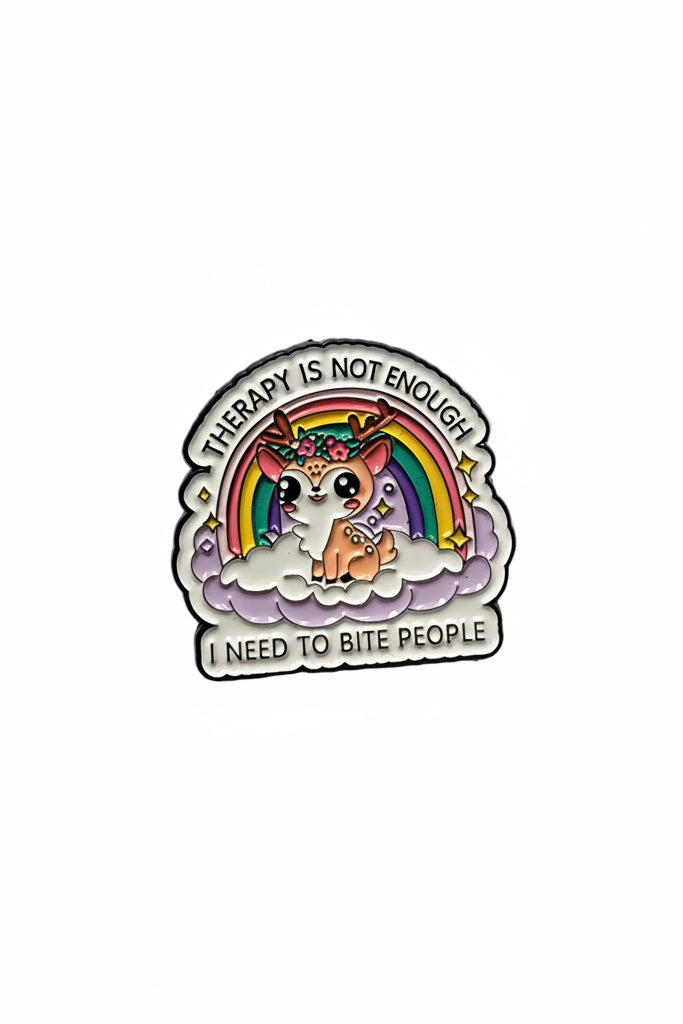 a white pin with black text and a cute deer on a white background