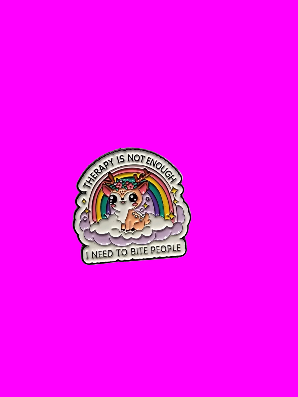 a white pin with black text and a cute deer on a pink background