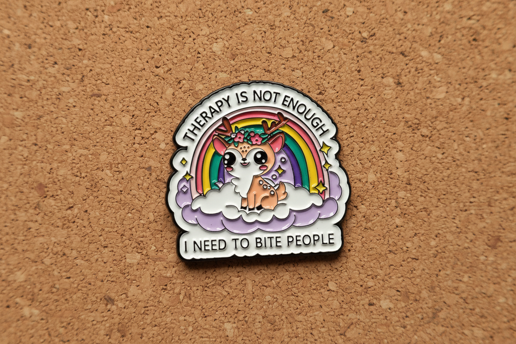 a white pin with black text and a cute deer on a cork background