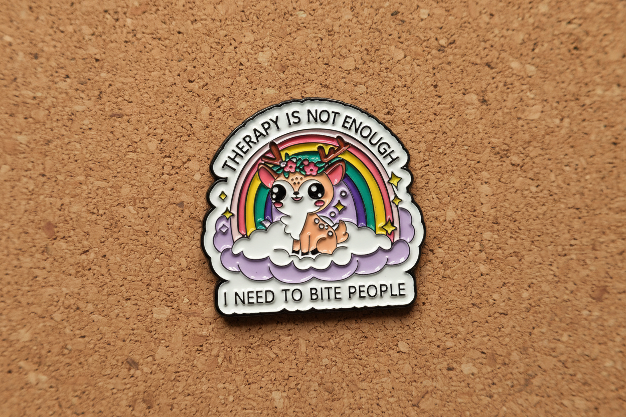 a white pin with black text and a cute deer on a cork background