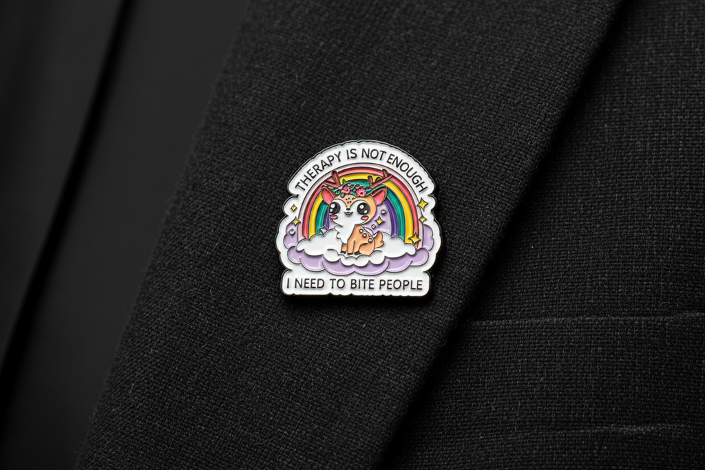 a white pin with black text and a cute deer on a black lapel background