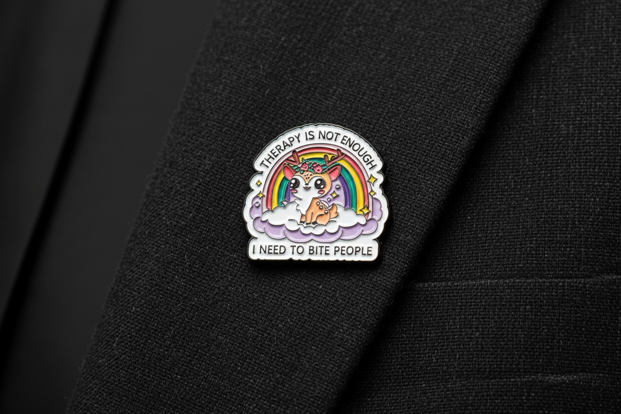 a white pin with black text and a cute deer on a black lapel background