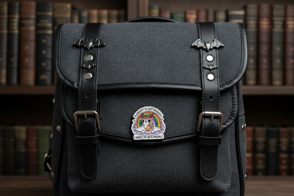 a white pin with black text and a cute deer on a black bookbag background