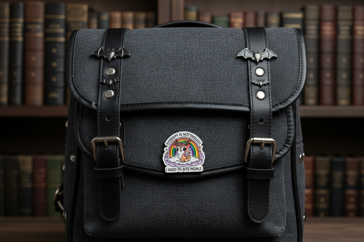 a white pin with black text and a cute deer on a black bookbag background