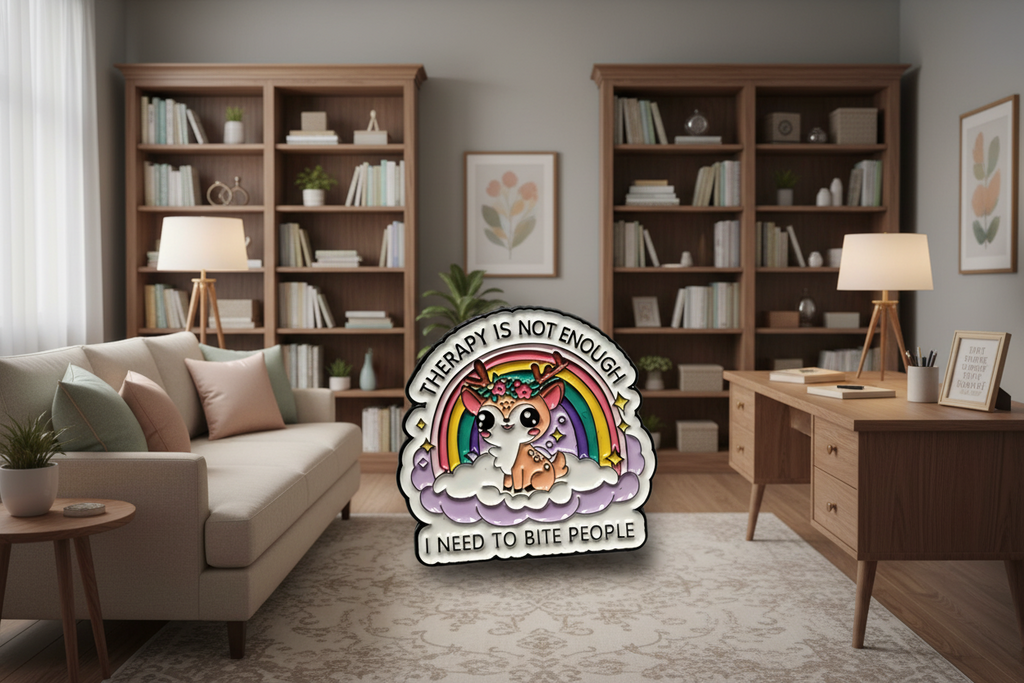 a white pin with black text and a cute deer on a room background
