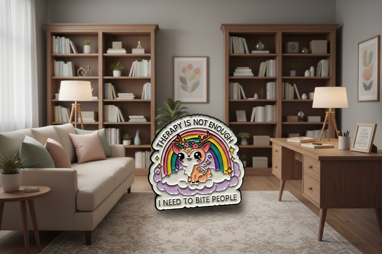 a white pin with black text and a cute deer on a room background