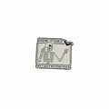 White enamel pin with skeleton and black text on a white background. 