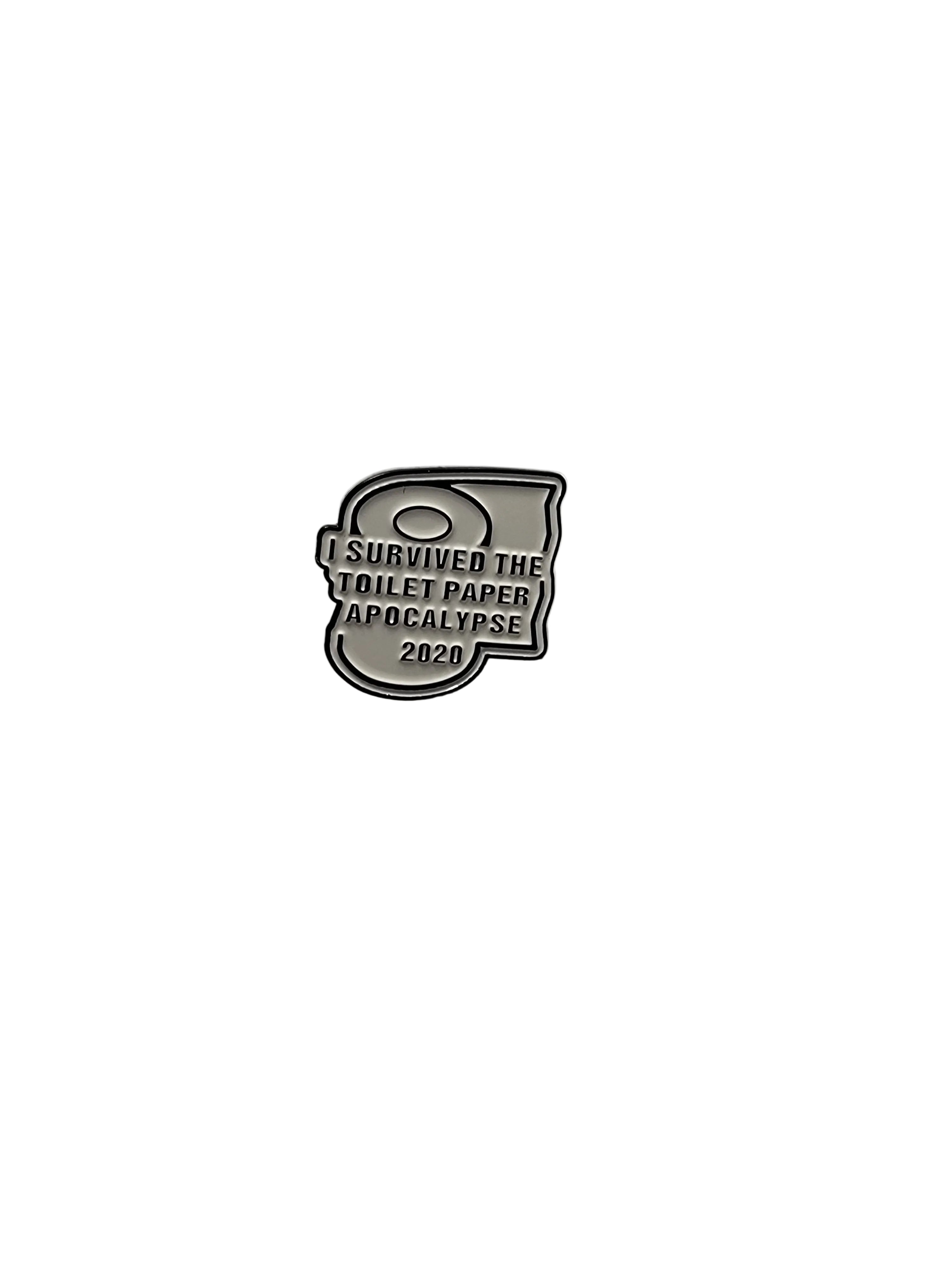 Metallic badge with text on a light gray background