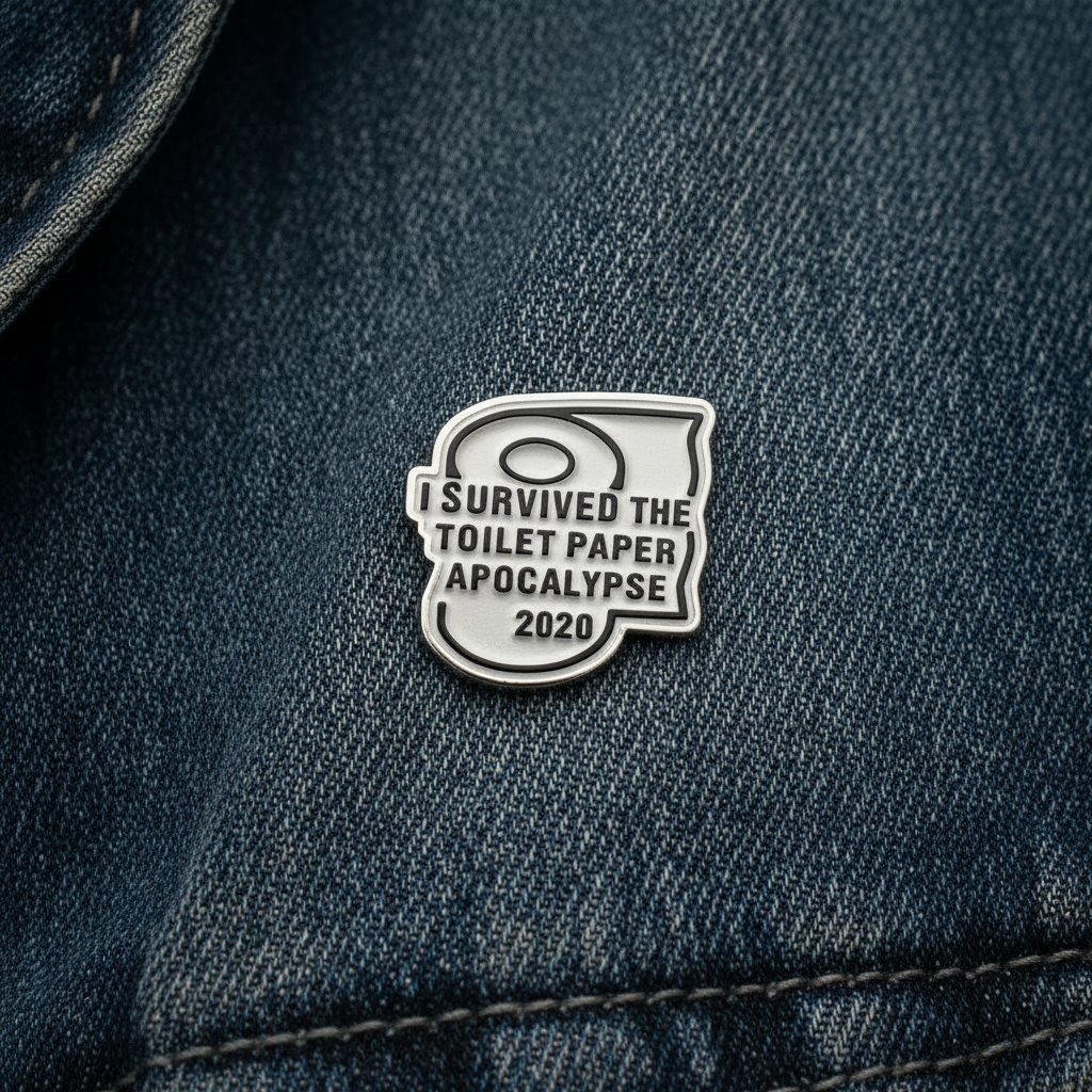I survived the toilet paper apocalypse of 2020 enamel pin worn on jacket lapel, sassy pin style for everyday wear