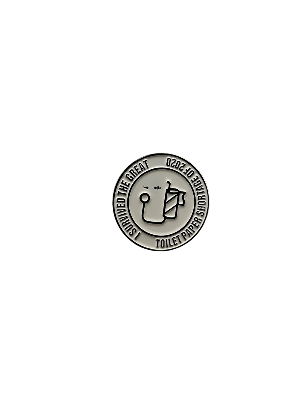 Metallic emblem with text and graphics on a gray background