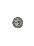 Metallic emblem with text and graphics on a gray background