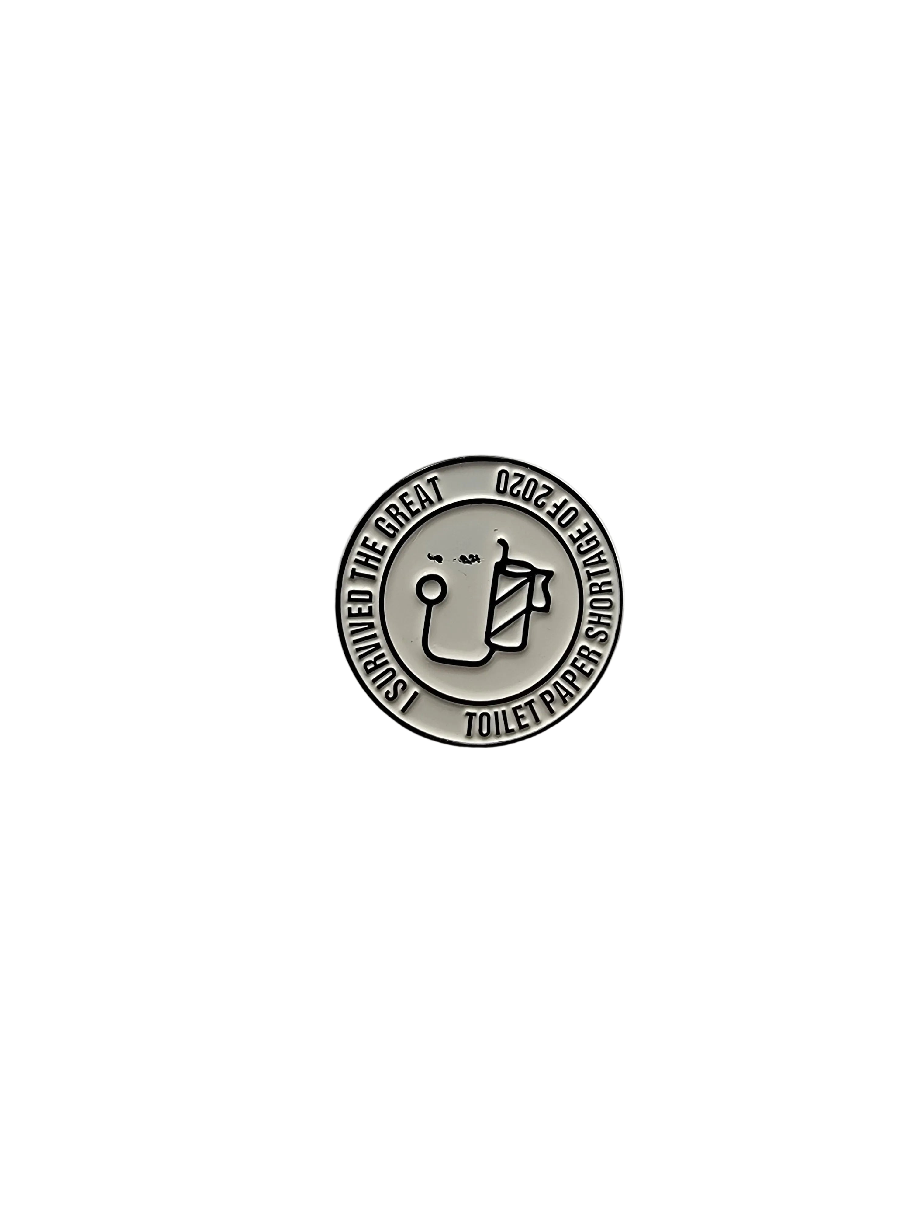 Metallic emblem with text and graphics on a gray background