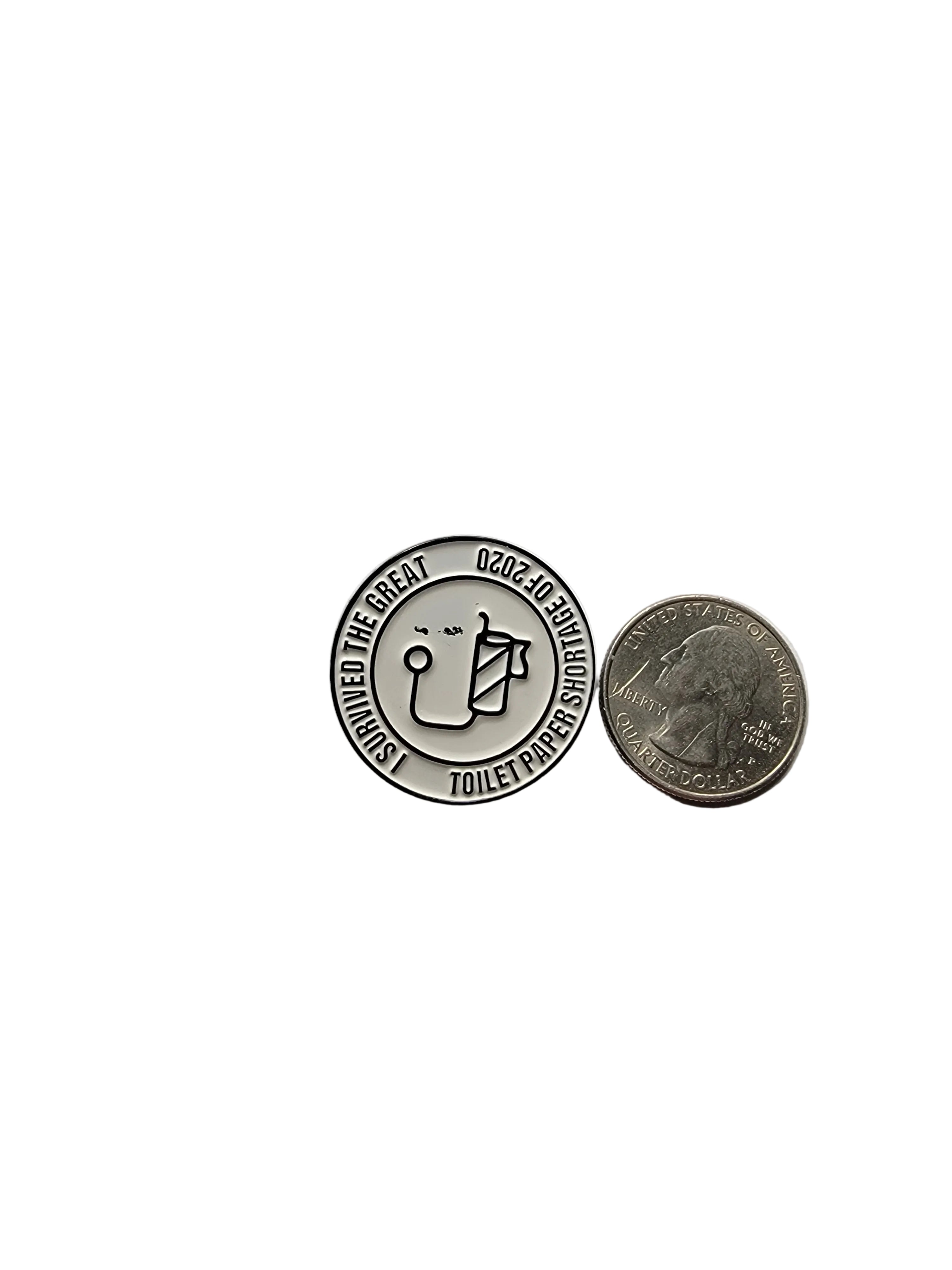 Metallic badge with emblem and text on a white background