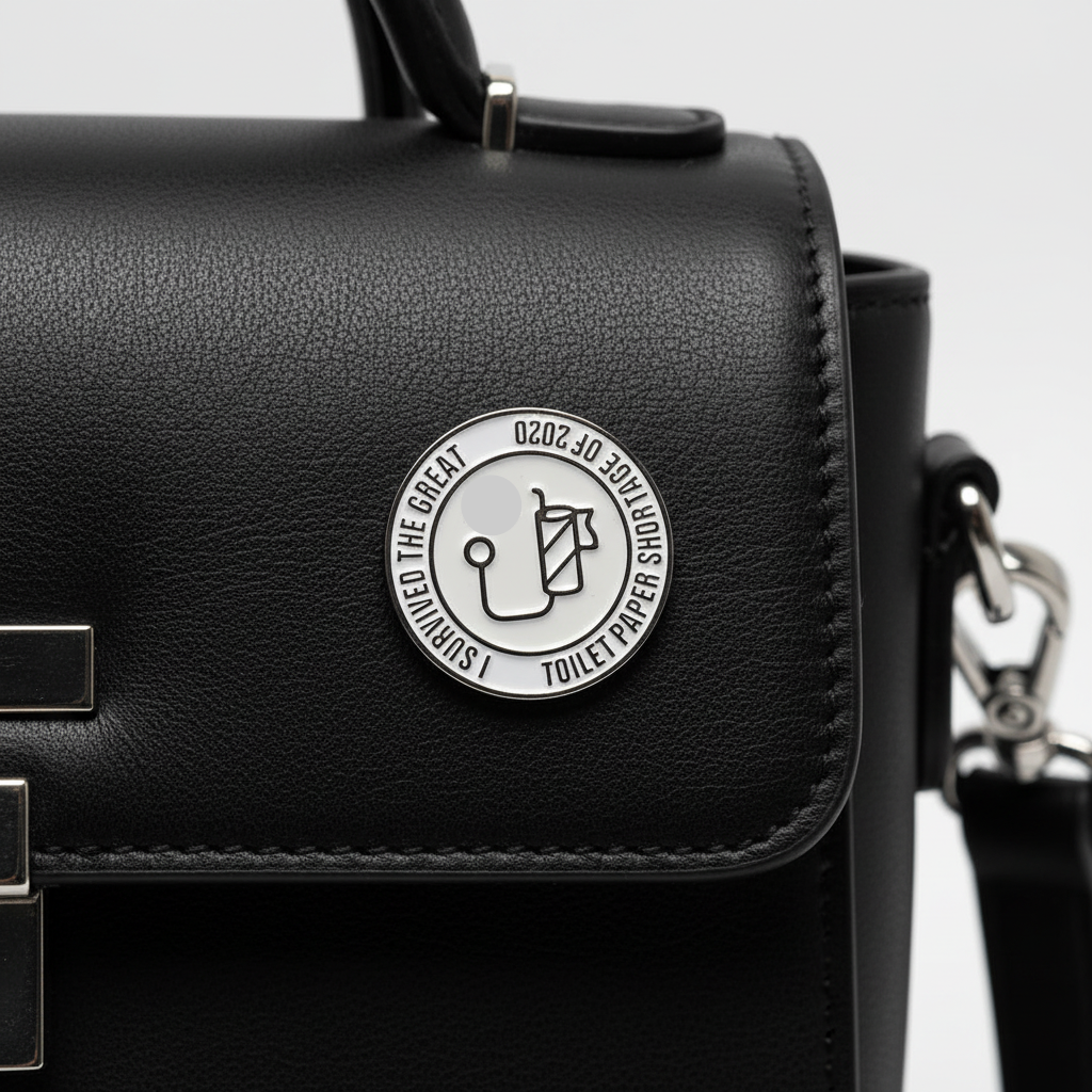 I survived the great toliet paper shortage of 2020 enamel pin  attached to purse funny brooch accessory for bags and personal style