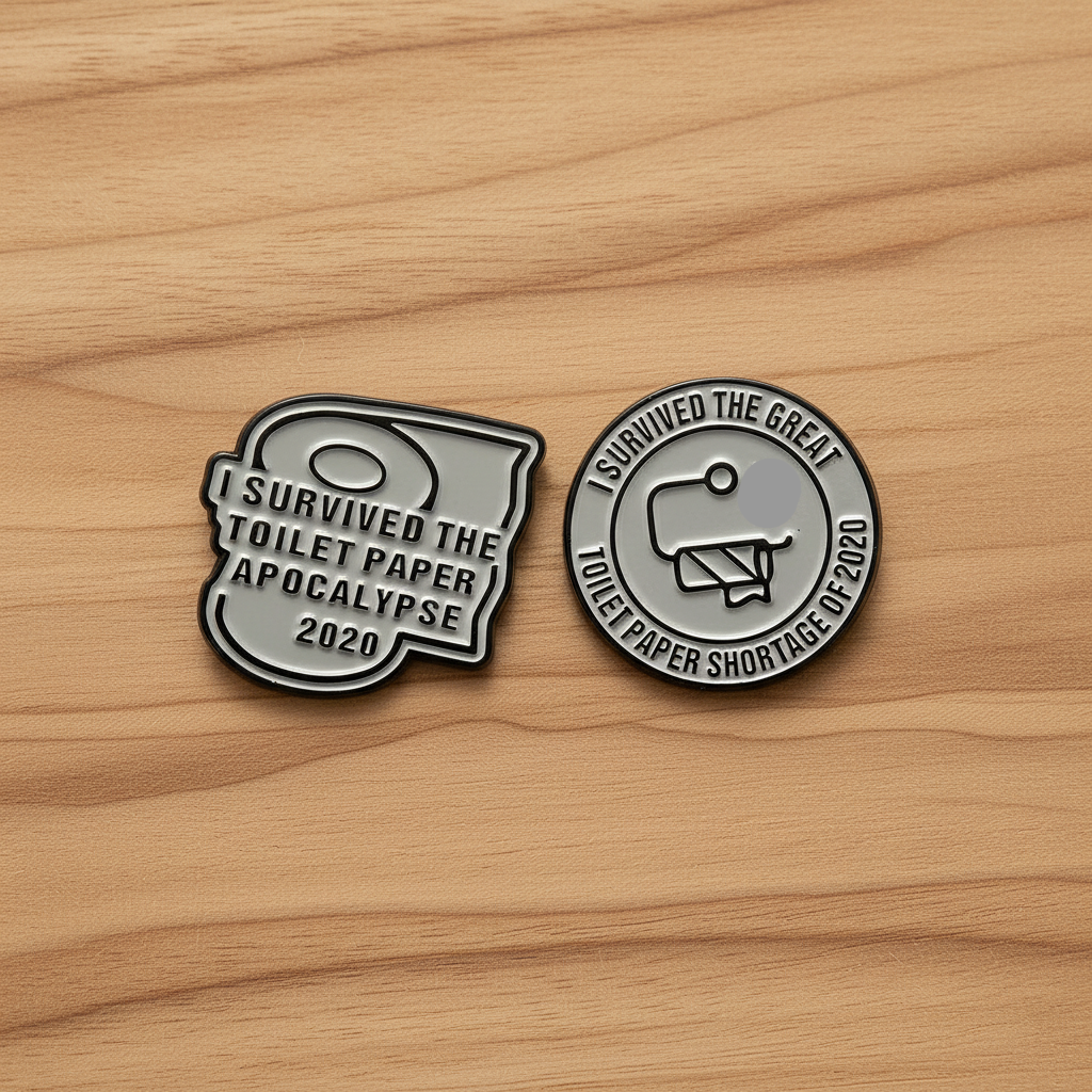 I survived the toilet paper apolcalypse of 2020 enamel pin, on wood background sassy enamel pin with toliet tissue detail