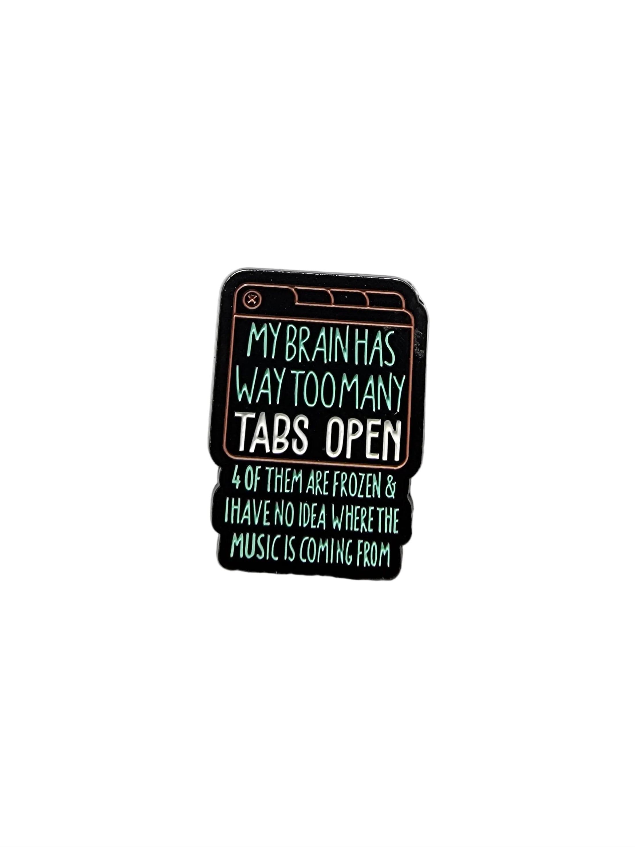 Enamel pin with text on a white background