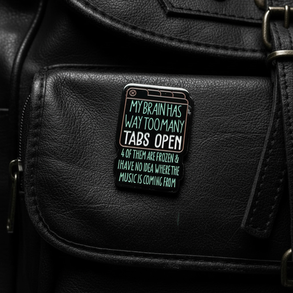 My brain has too many tabs open 4 of them are frozen & i have no idea where the music is coming from enamel pin on backpack sarcastic accessory for customizing bags and school gear